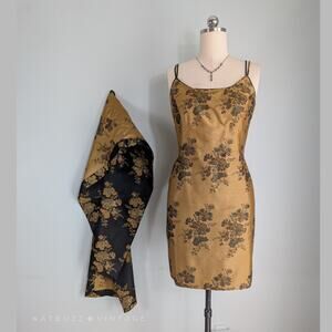 Y2K Floral Mini Dress 12P Gold Yellow Black Brocade Asian Grunge Cocktail Sheath